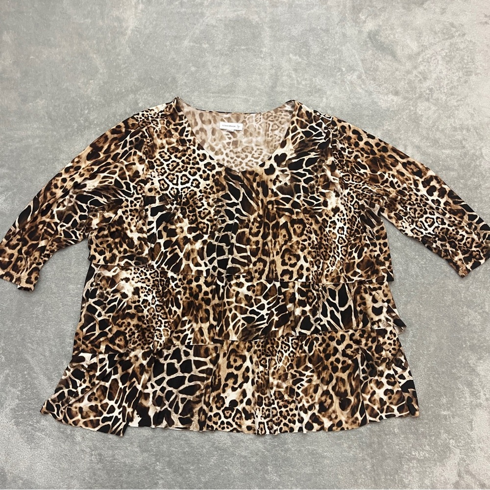 Susan Graver Top Size 2X Animal Print 3/4 Sleeves Black&Beige Career Casual